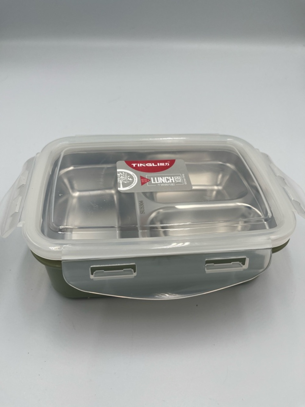 Stainless Steel Divided Lunchbox with Olive Green Base